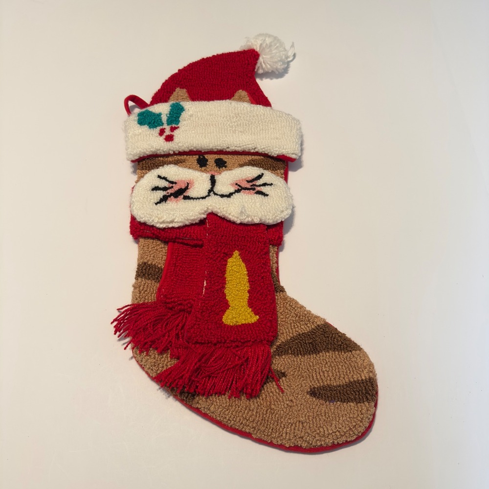 Boston International Cat Christmas Stocking Red Brown Hooked Fish Holiday